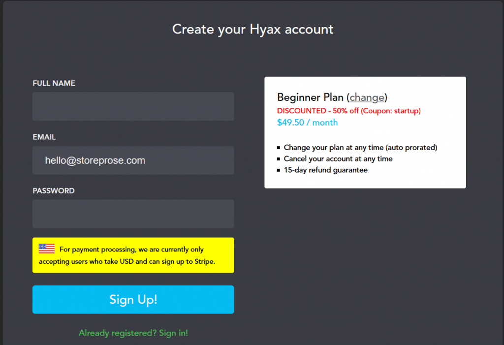 Hyax sign up