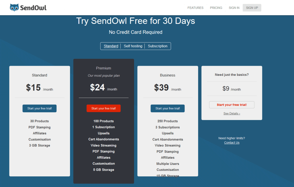 SendOwl standard pricing plan